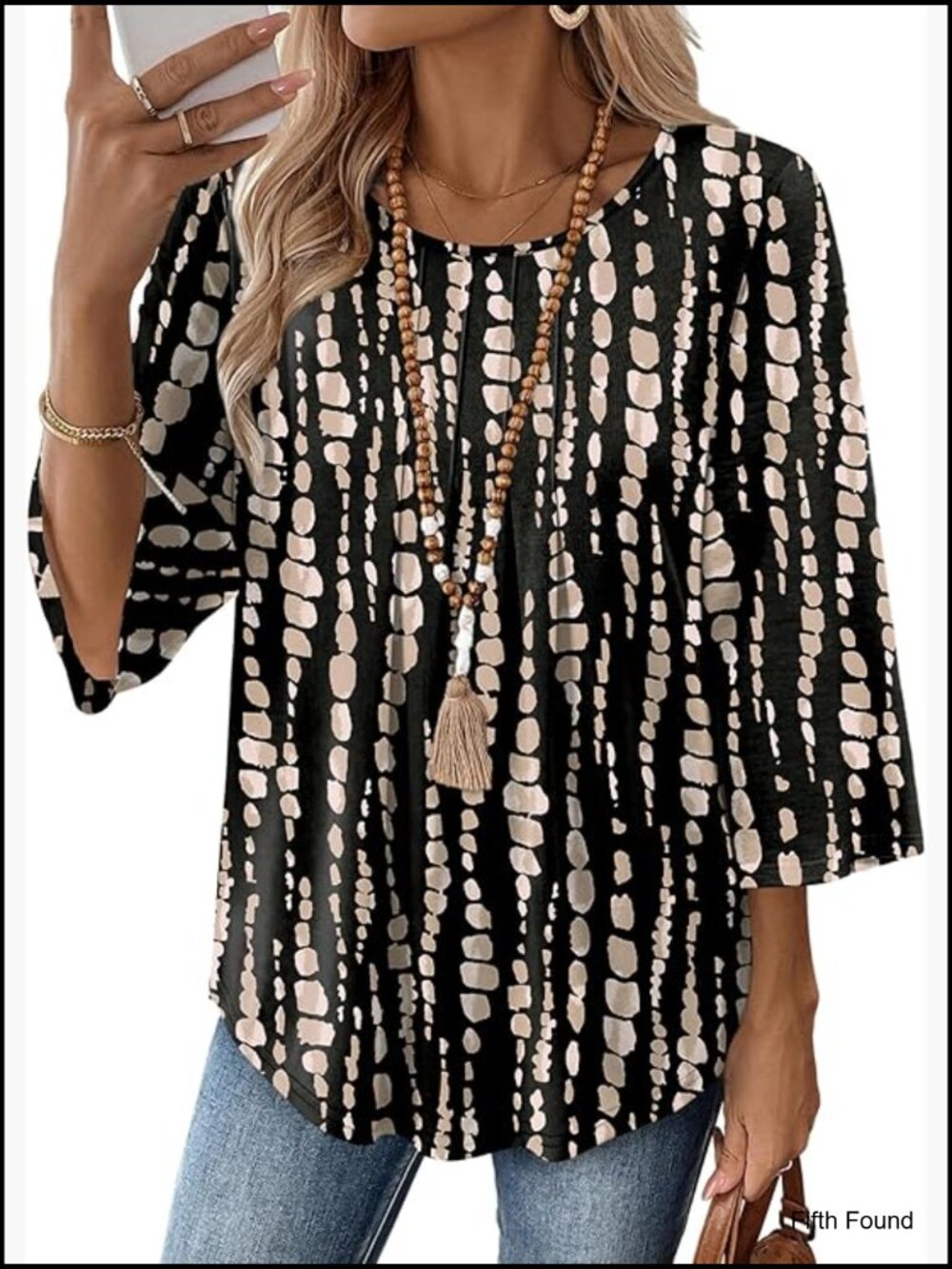 3/4 Sleeve Pleated Crew Neck Peasant Top Blouse Soft Flowy